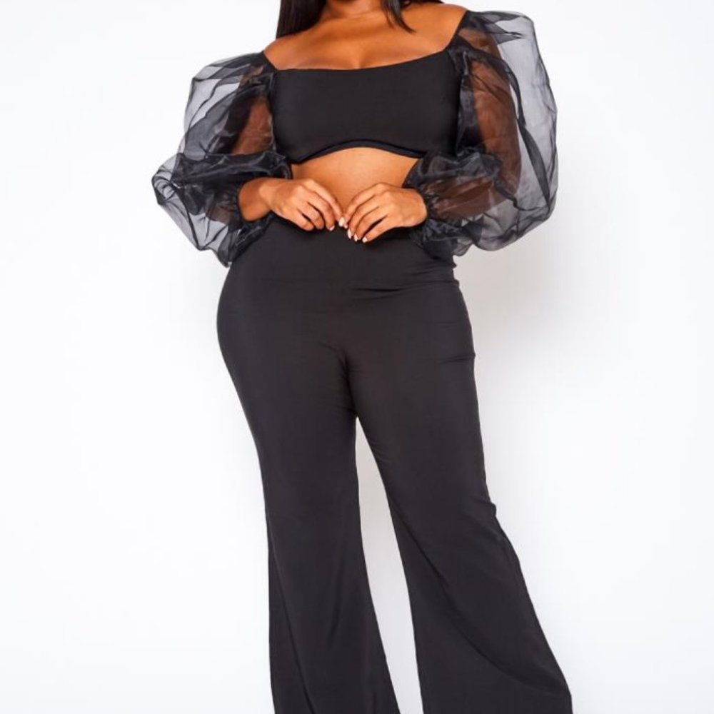 AS. 2 PC Black Puff Sleeve Crop + Dress Pant